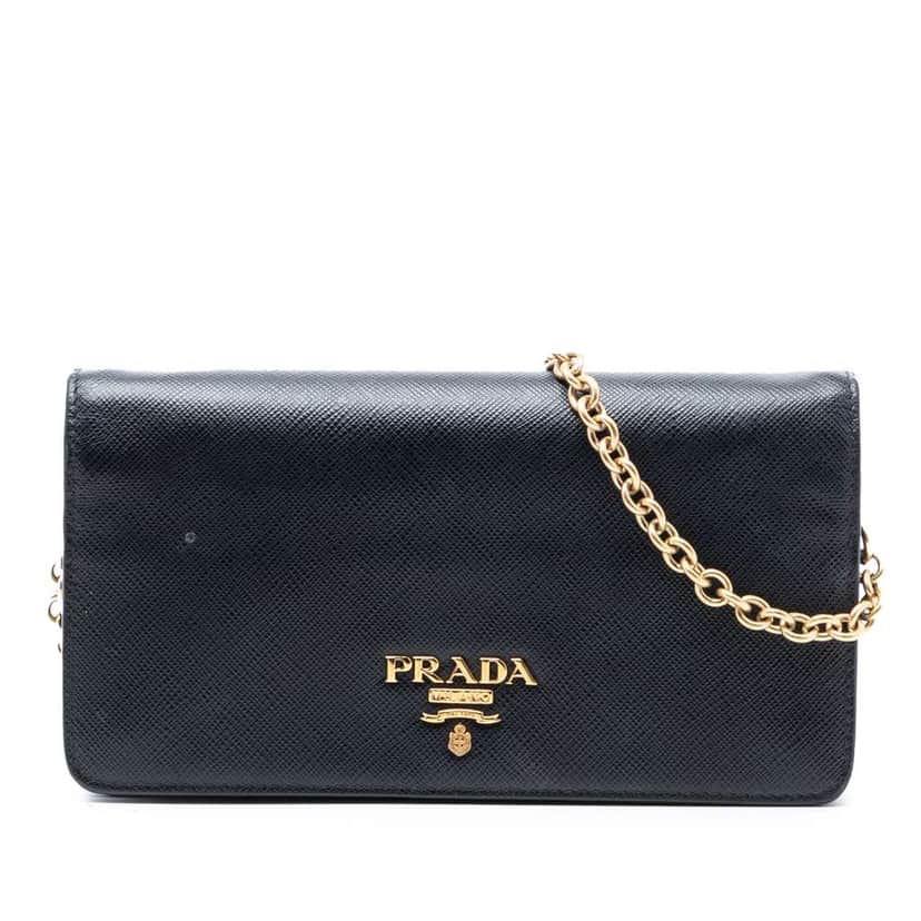 Prada Saffiano Wallet On Chain Black Leather Good condition - Front View