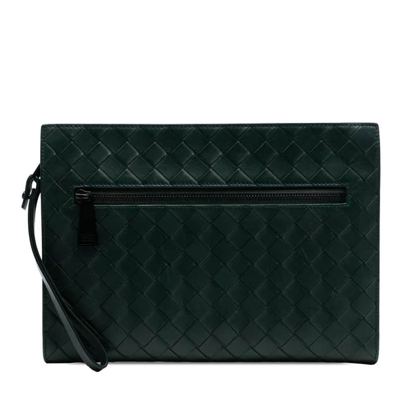 Bottega Veneta Small Calfskin Intrecciato Document Case With Wristlet Green Leather Good condition - Front View