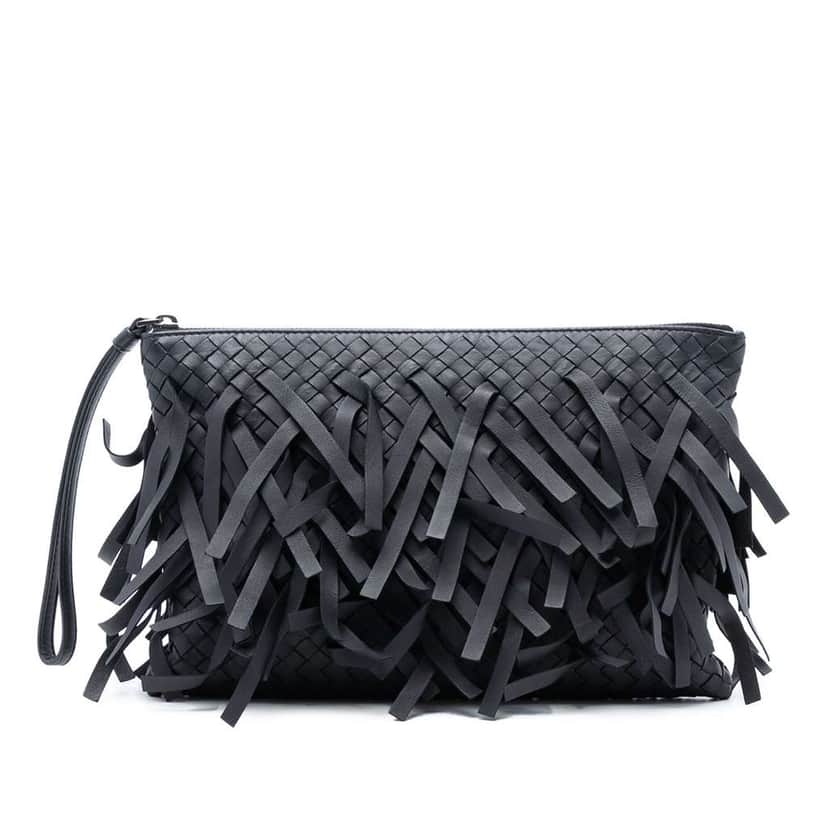 Bottega Veneta Nappa Intrecciato Palio Fringe Clutch Grey Leather Good condition - Front View