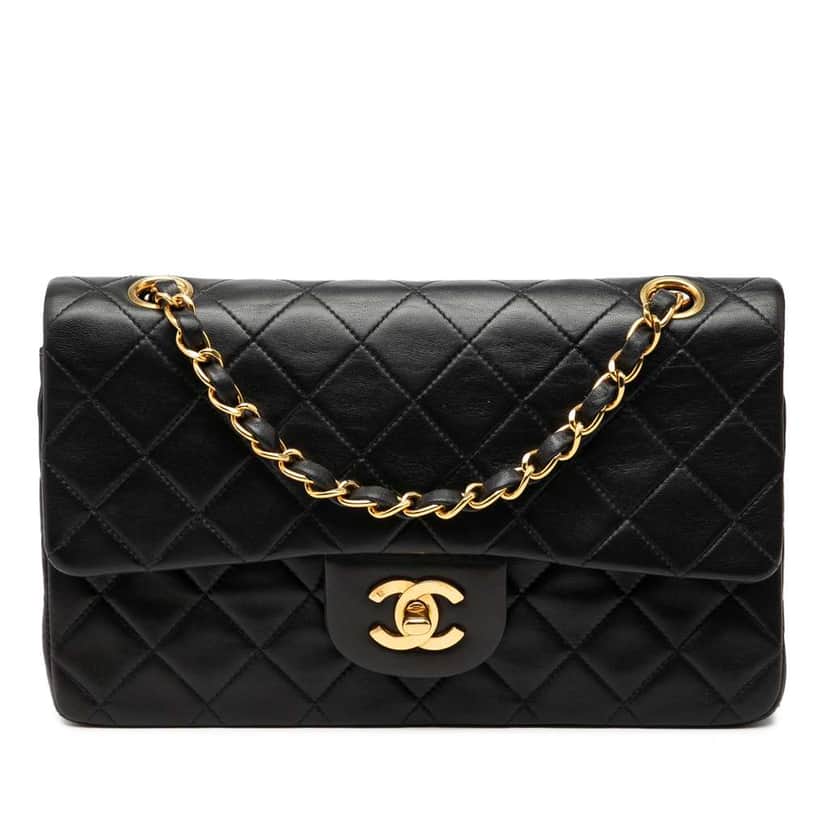 Chanel Small Classic Lambskin Double Flap Black Leather Good condition - Front View