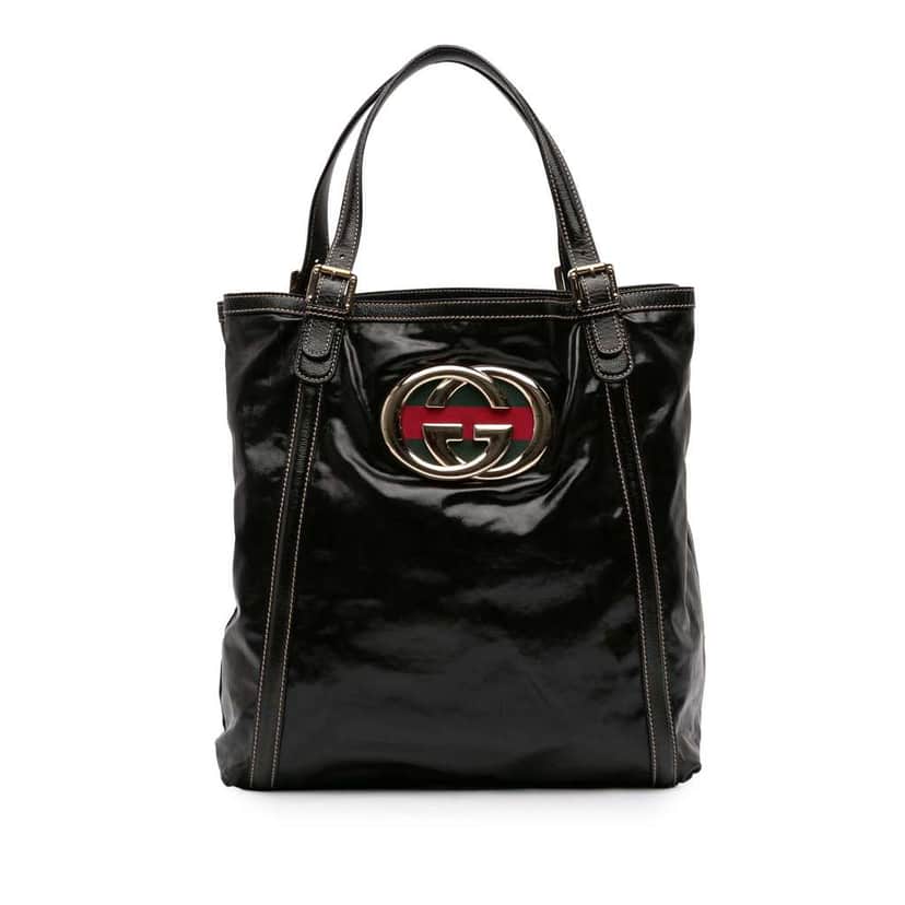Gucci Patent Dialux Britt Web Tote Black Leather Very good condition - Front View