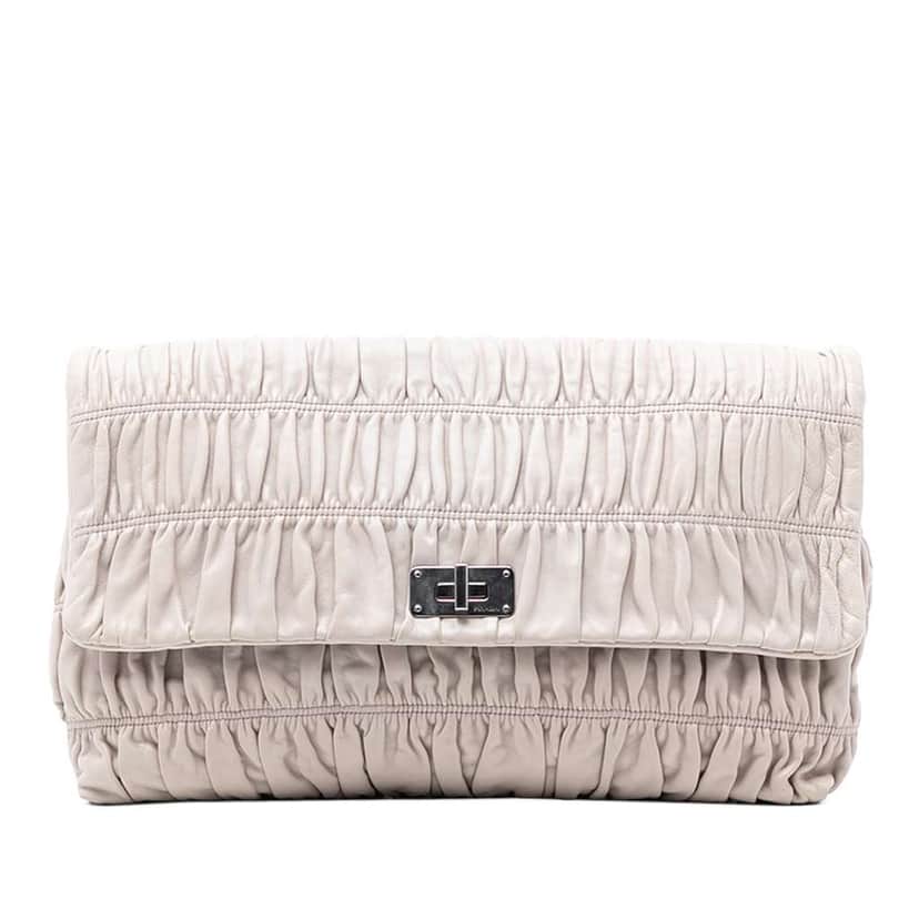 Prada Nappa Gaufre Turn Lock Clutch Brown Leather Very good condition - Front View