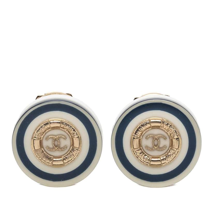 Chanel Gold Plated CC Resin Button Clip on Earrings White Very good condition - Front View