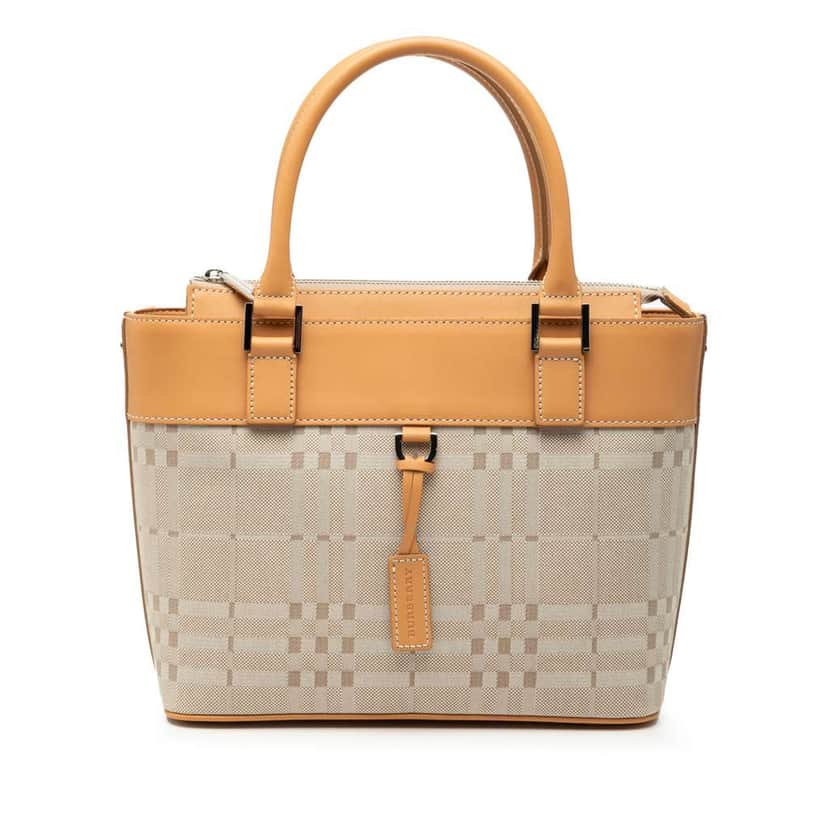 Burberry Leather Trimmed Tonal Check Canvas Handbag Brown Canvas Very good condition - Front View