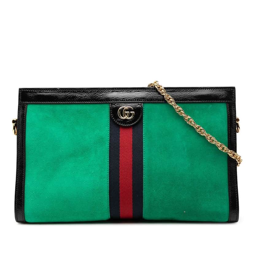 Gucci Medium Suede Web Ophidia Chain Shoulder Bag Green Leather Very good condition - Front View