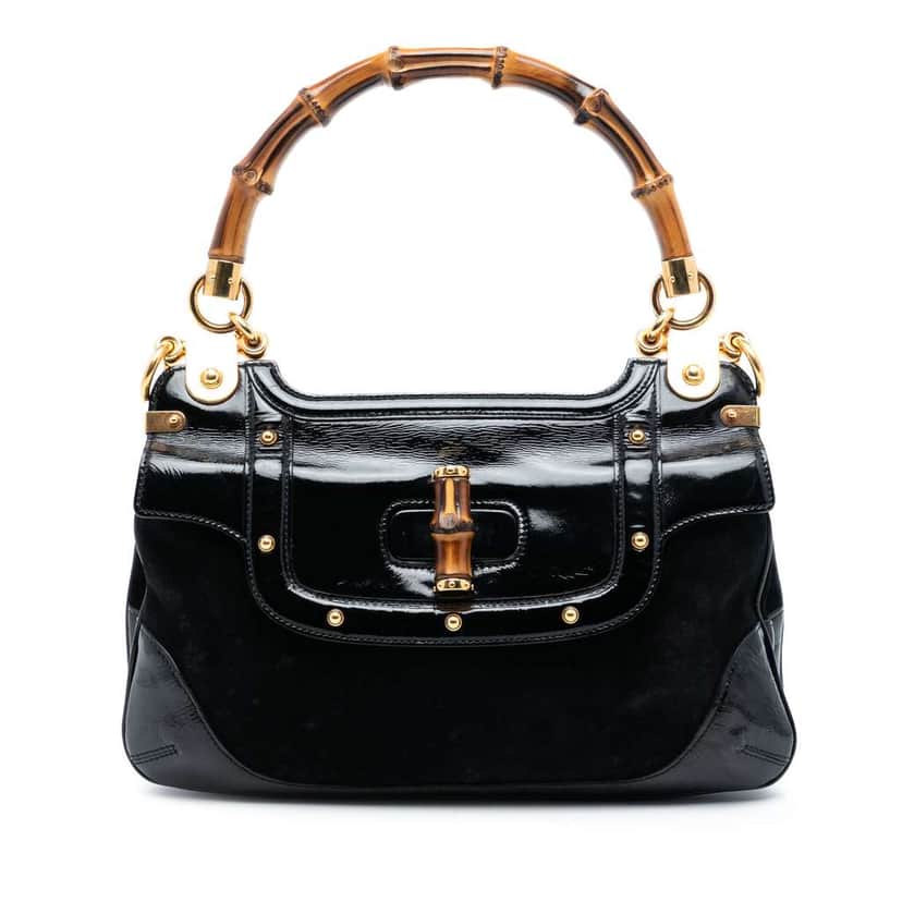 Gucci Suede and Patent Peggy Bamboo Top Handle Bag Black Leather Very good condition - Front View