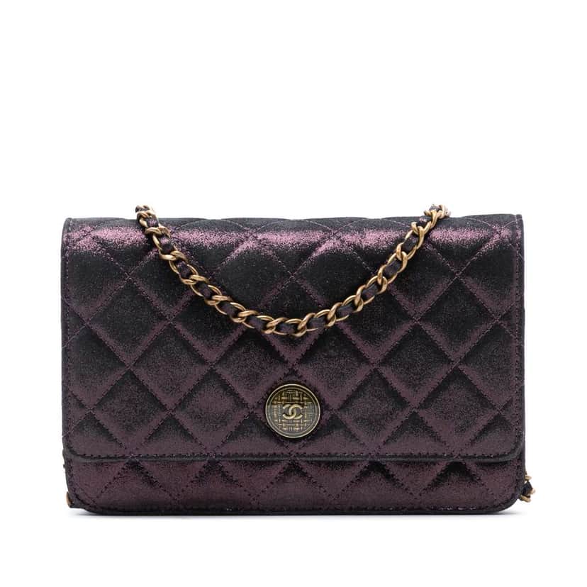 Chanel Quilted Iridescent Lambskin Tartan Button Wallet On Chain Purple Leather Very good condition - Front View