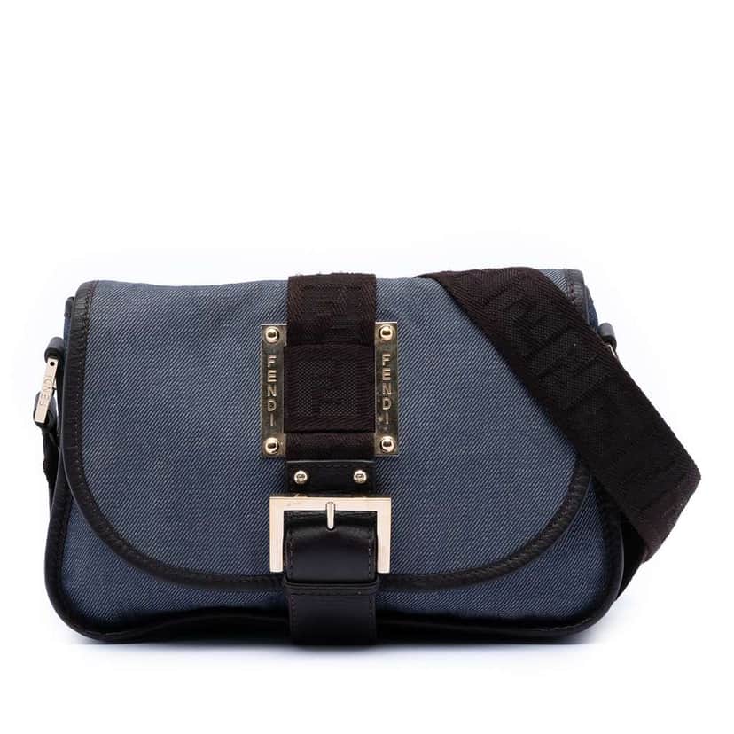 Fendi Zucca Trimmed Denim Buckle Flap Blue Denim Very good condition - Front View