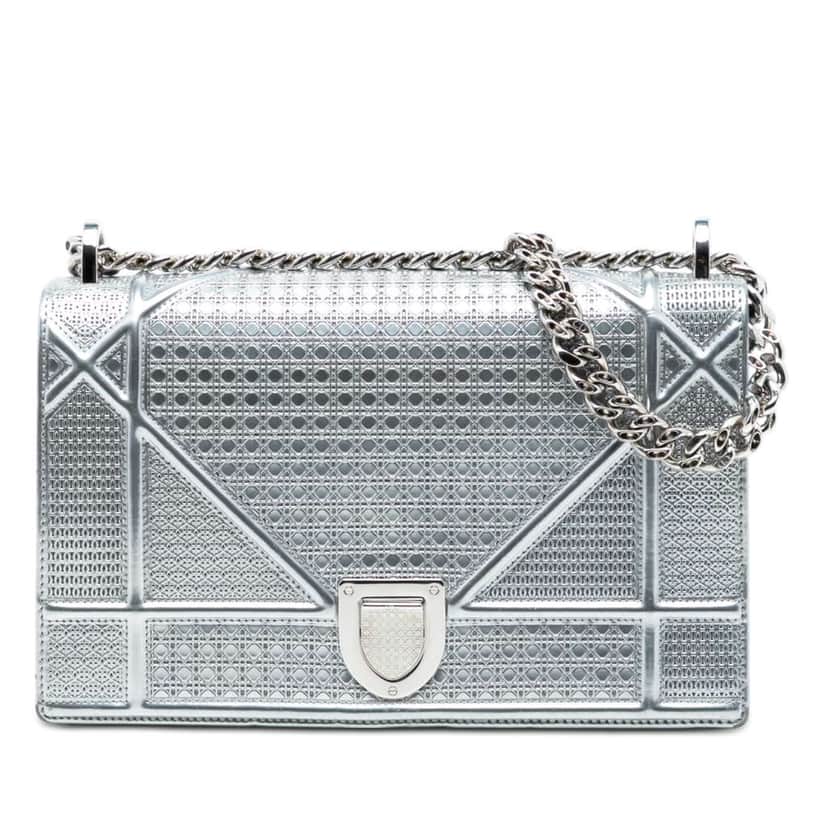 Dior Medium Metallic Patent Microcannage Diorama Flap Silver Leather Good condition - Front View