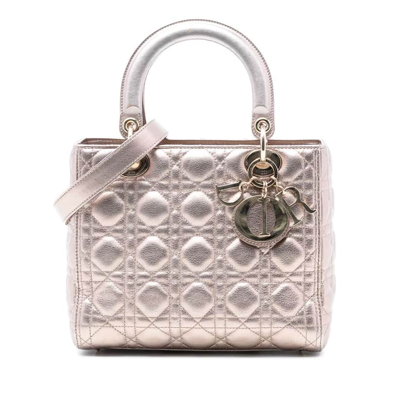 Dior Medium Metallic Lambskin Cannage Lady Dior Pink Leather Good condition - Front View