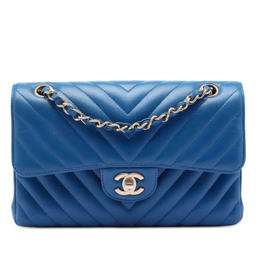 Chanel Small Classic Chevron Lambskin Double Flap Blue Leather Very good condition - Front View