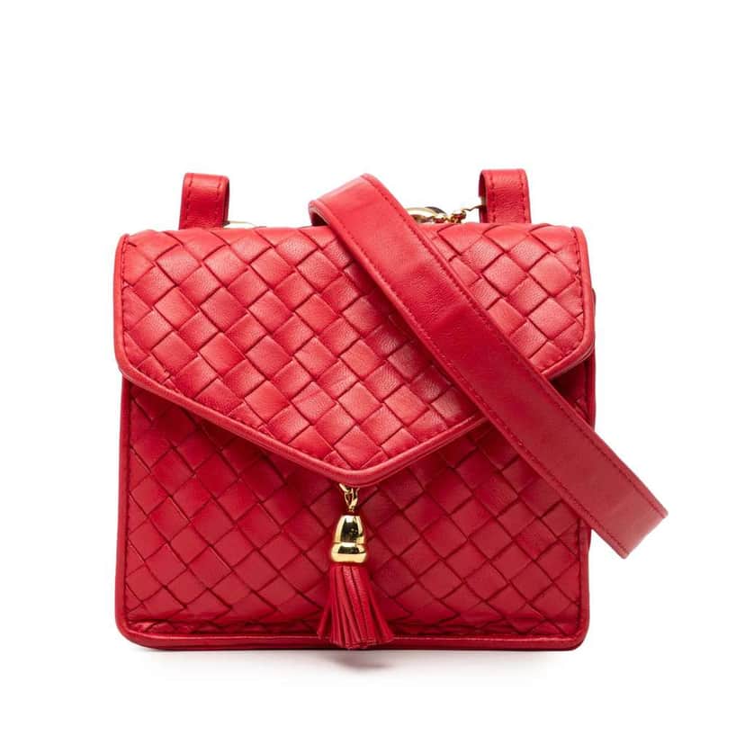 Bottega Veneta Nappa Intrecciato Tassel Shoulder Bag Red Leather Good condition - Front View