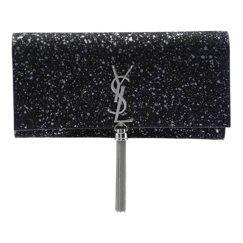 Saint Laurent Glittered Suede Monogram Kate Tassel Clutch Black Leather Good condition - Front View