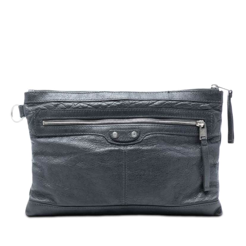 Balenciaga Lambskin Motocross Classic Clip M Clutch Grey Leather Very good condition - Front View