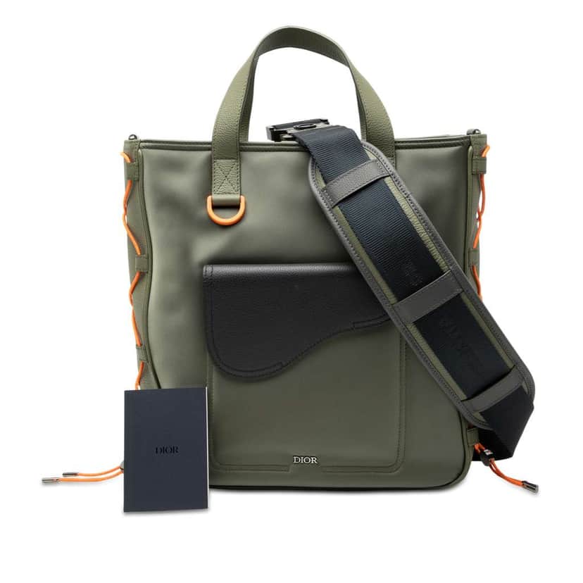 Dior Sacai Nylon and Leather Saddle Tote Green Good condition - Front View