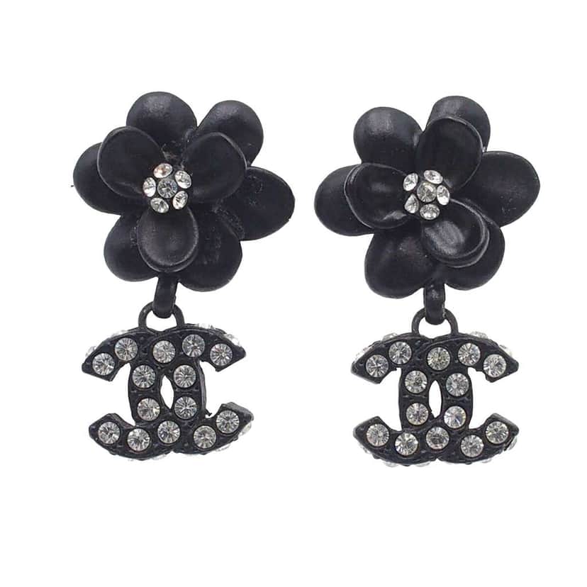 Chanel Metal Resin Rhinestone Camellia CC Drop Push Back Earrings Black Brass Good condition - Front View