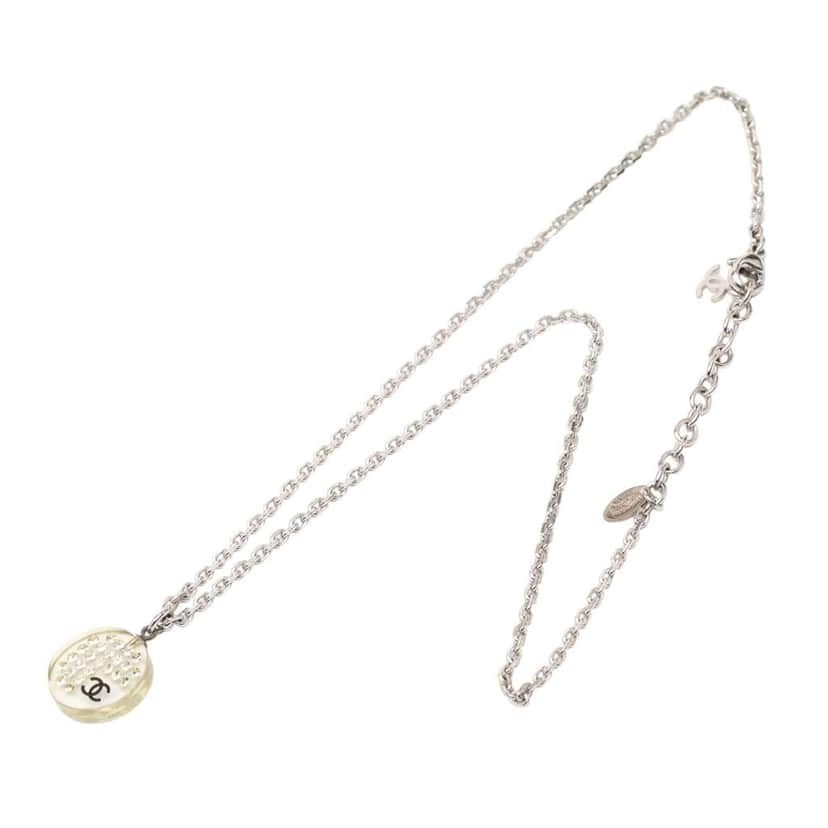 Chanel CC Silver Plated Resin Rhinestone Pendant Necklace Silver Metal Very good condition - Front View