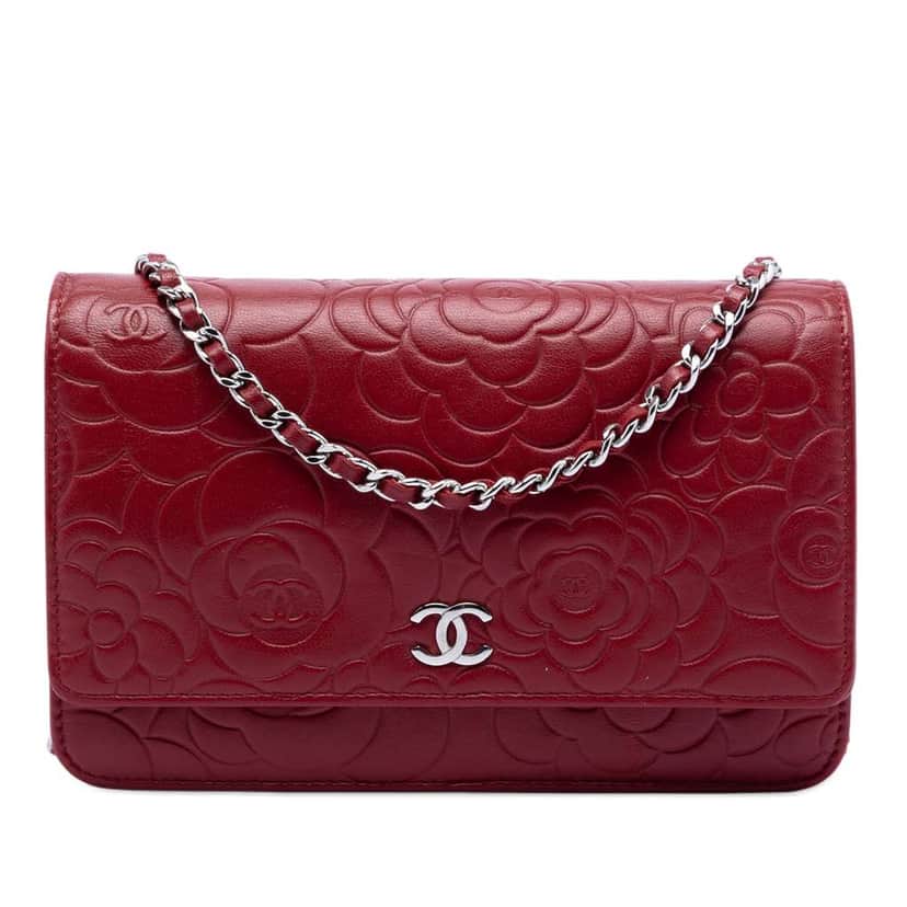 Chanel CC Embossed Lambskin Camellia Wallet On Chain Red Leather Good condition - Front View