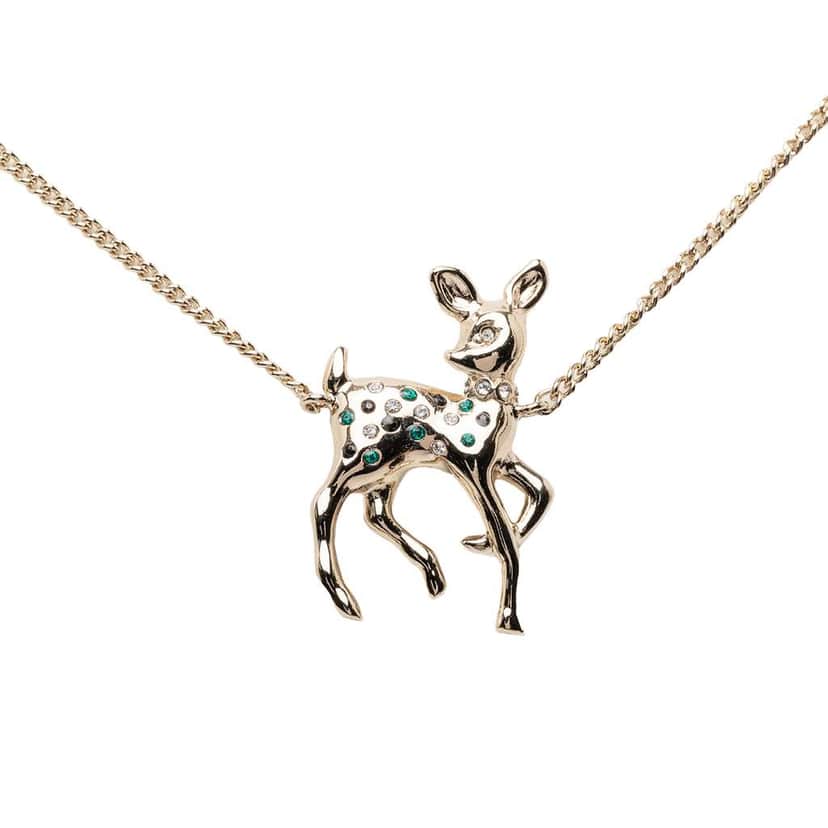 Chanel CC Gold Plated Rhinestone Deer Pendant Necklace Gold Metal Very good condition - Front View