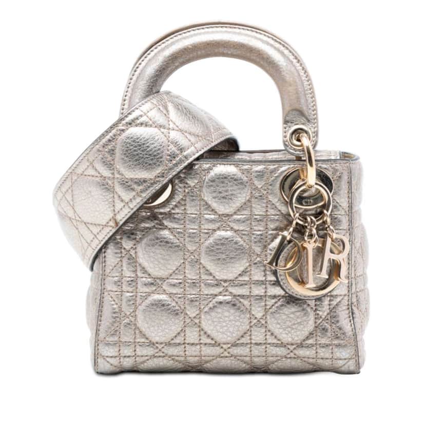 Dior Mini Metallic Calfskin Cannage Supple Lady Dior Silver Leather Very good condition - Front View