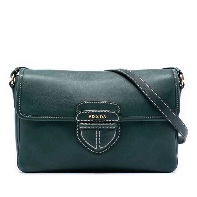 Prada City Calf Push Lock Flap Crossbody Green Leather Very good condition - Front View