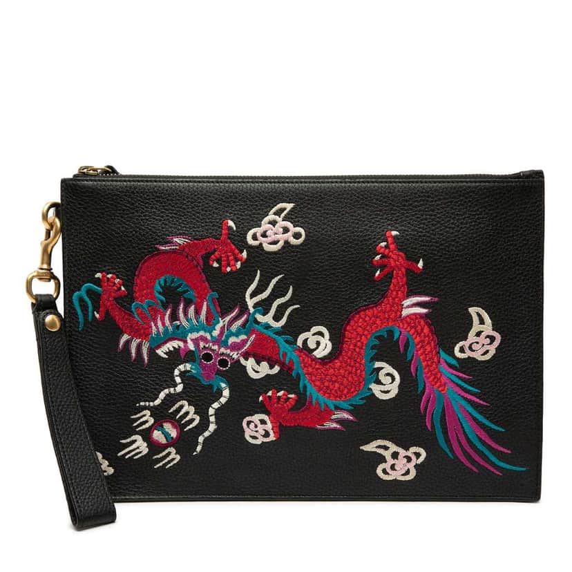 Gucci Leather Dragon Embroidered Zip Pouch Black Leather Good condition - Front View