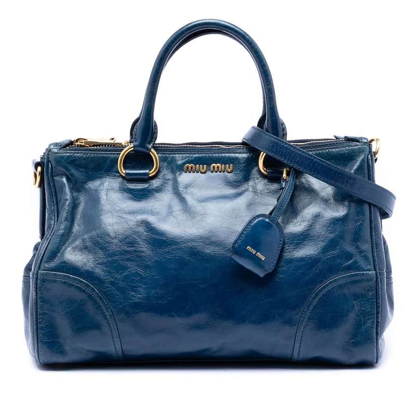 Miu Miu Vitello Shine Double Zip Satchel Blue Leather Good condition - Front View