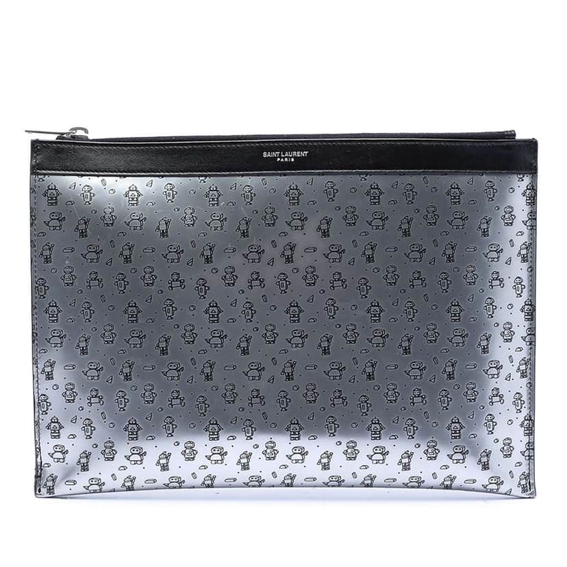 Saint Laurent Metallic Calfskin Robot Zipped Tablet Pouch Silver Leather Very good condition - Front View