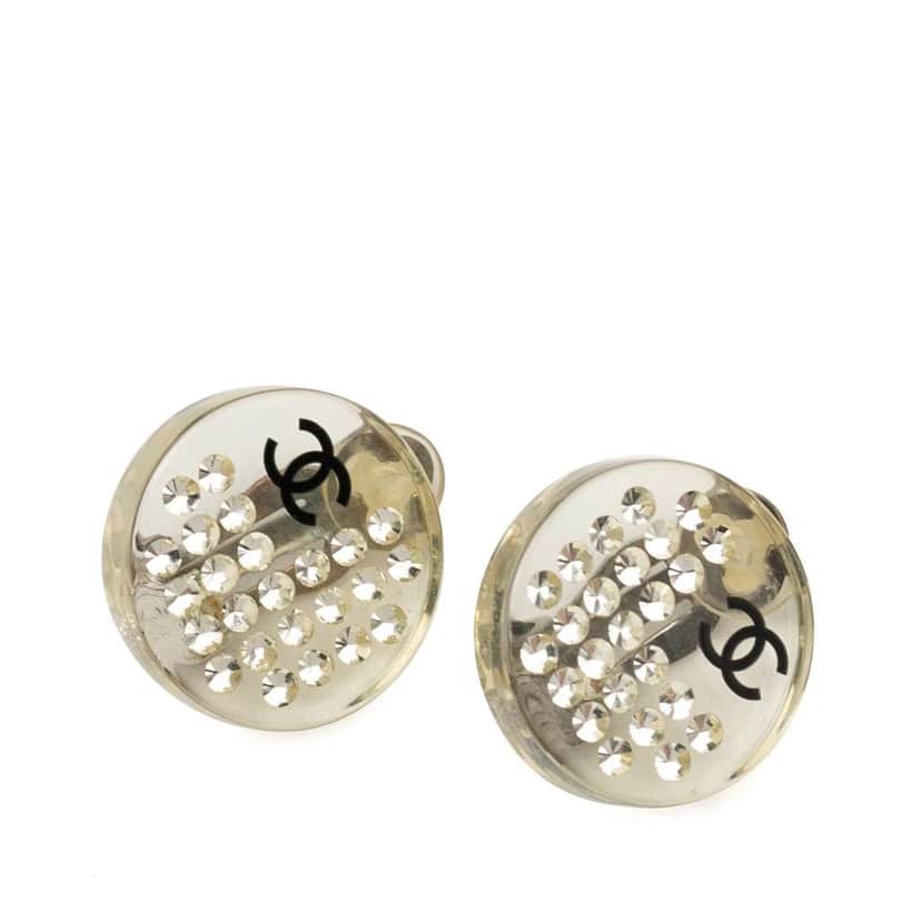 Chanel CC Resin Crystal Button Clip On Earrings White Good condition - Front View