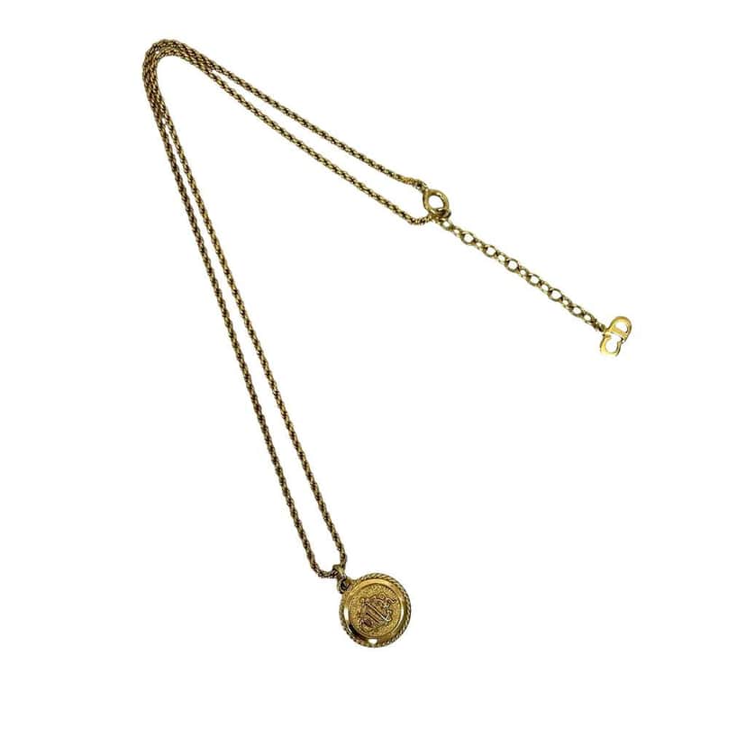Dior Gold Plated Logo Round Emblem Pendant Necklace Gold Metal Good condition - Front View