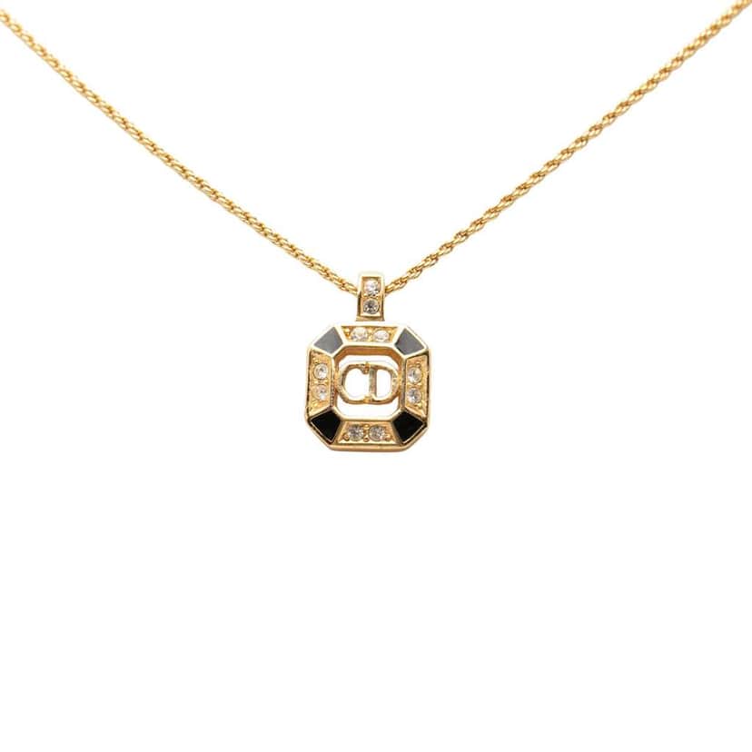 Dior Gold Plated CD Logo Rhinestones Pendant Necklace Gold Metal Good condition - Front View