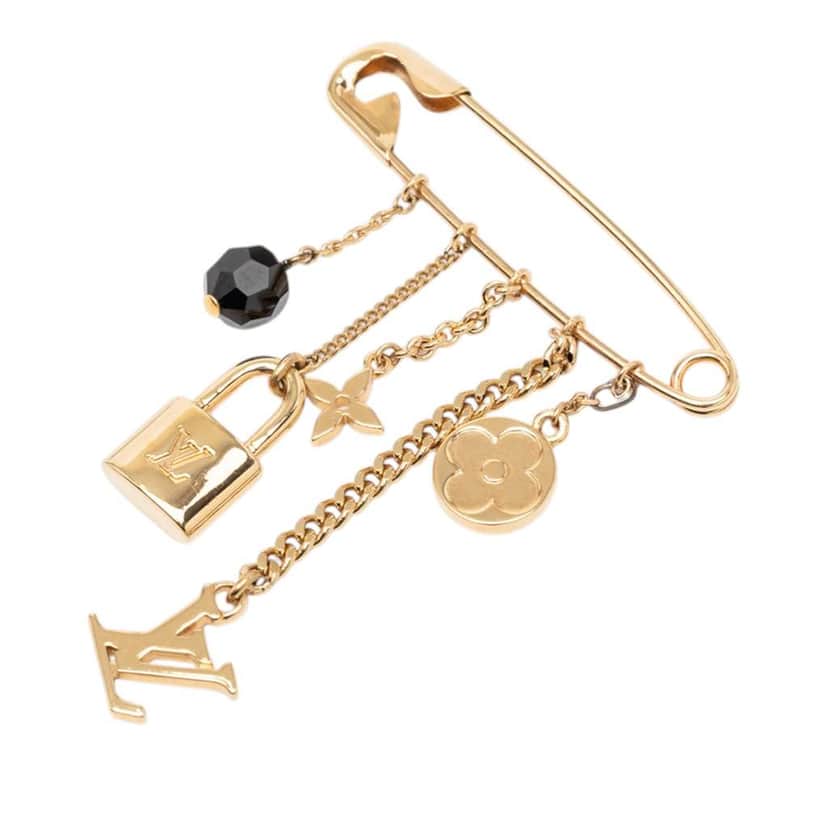 Louis Vuitton Gold Plated Monogram Charms Safety Pin Brooch Gold Metal Very good condition - Front View