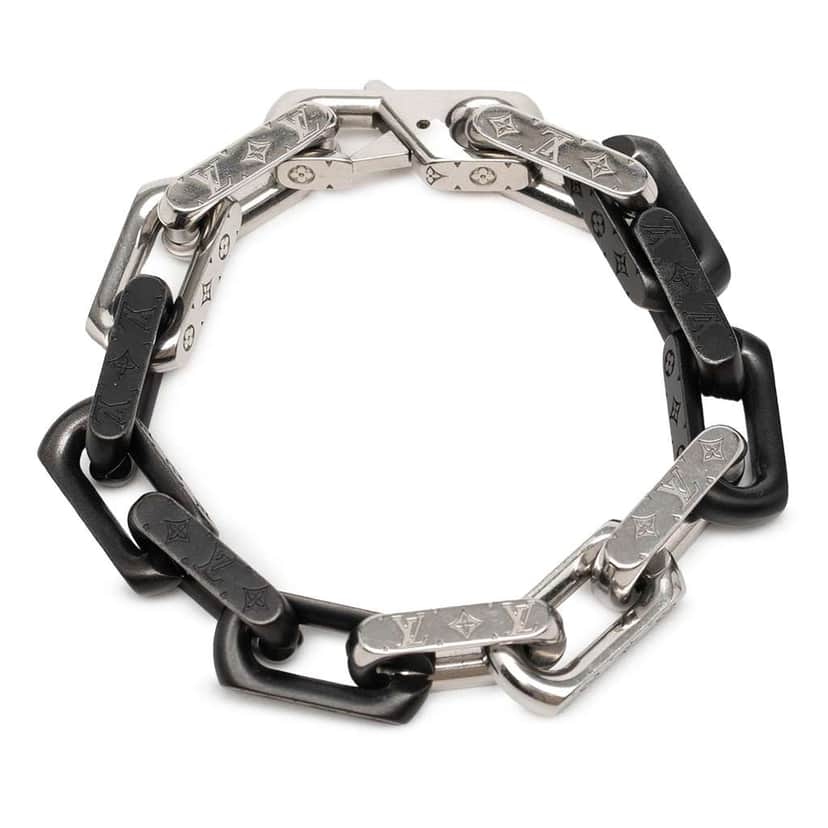 Louis Vuitton Stainless Steel Monogram Chain Bracelet Silver Stainless steel Very good condition - Front View