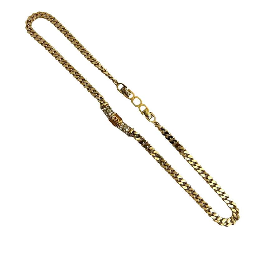 Dior Gold Plated CD Logo Rhinestone Cuban Chain Link Necklace Gold Metal Very good condition - Front View