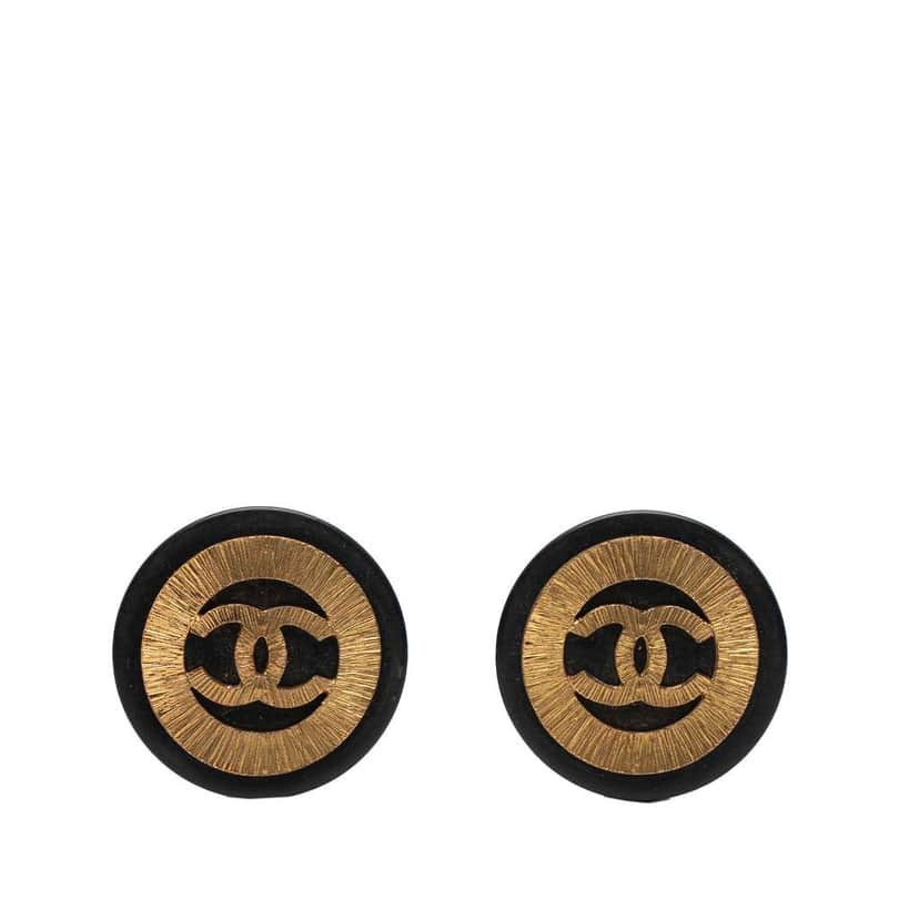 Chanel CC Gold Plated and Resin Round Button Clip On Earrings Gold Metal Very good condition - Front View
