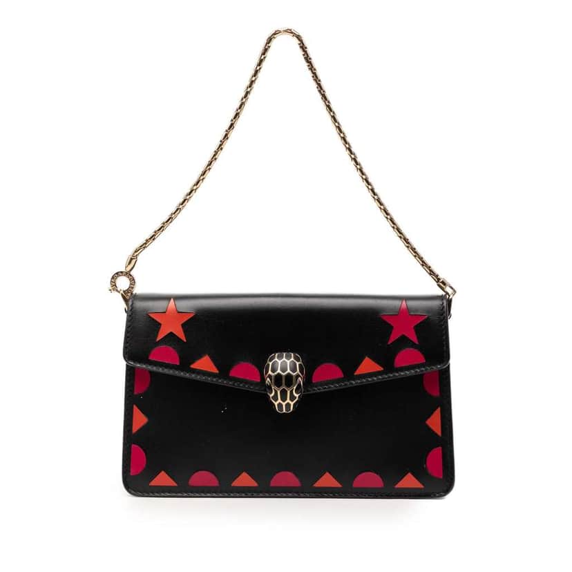 Bvlgari Mini Calfskin Geometric and Stars Patch Serpenti Forever Clutch with Chain Black Leather Very good condition - Front View