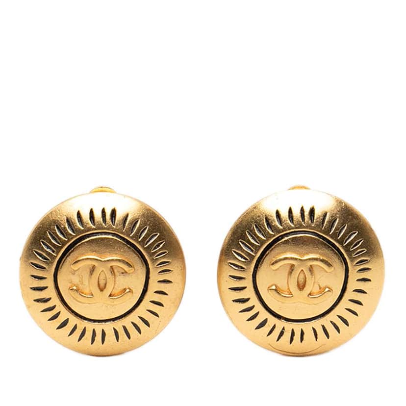 Chanel CC Gold Plated Round Clip On Earrings Gold Metal Very good condition - Front View