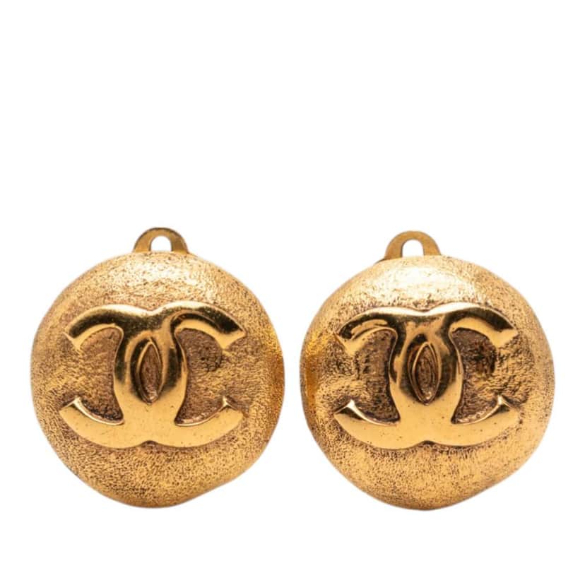 Chanel CC Gold Plated Button Clip On Earrings Gold Metal Very good condition - Front View