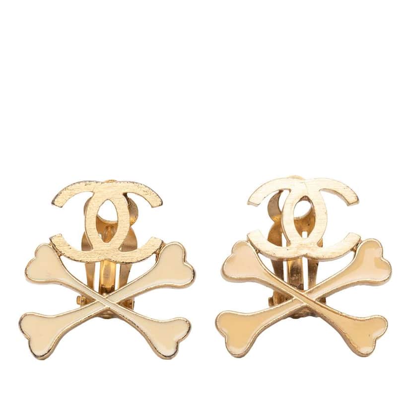 Chanel Gold Plated CC Lacquered Crossbones Clip On Earrings Gold Metal Very good condition - Front View