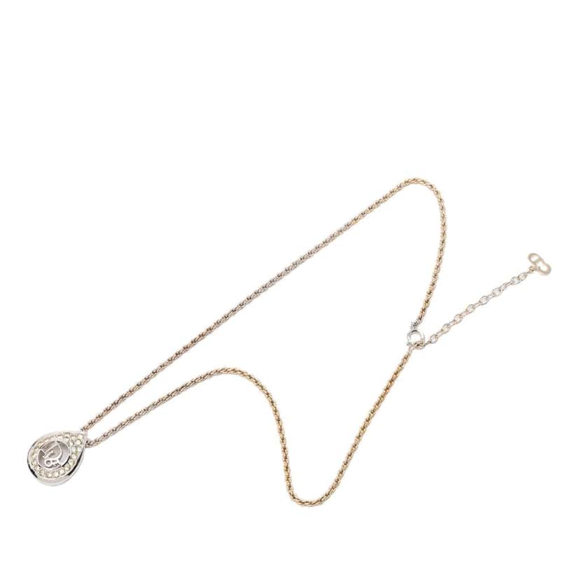 Dior Gold Plated Logo Tear Drop Rhinestones Pendant Necklace Gold Metal Very good condition - Front View