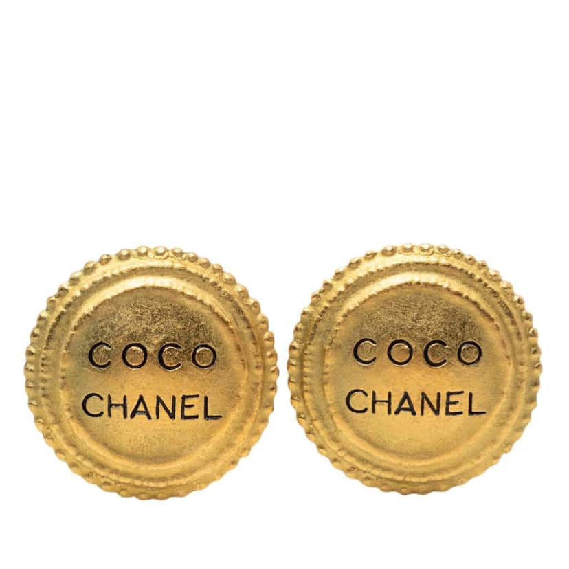 Chanel Gold Plated Logo Button Clip On Earrings Gold Metal Very good condition - Front View