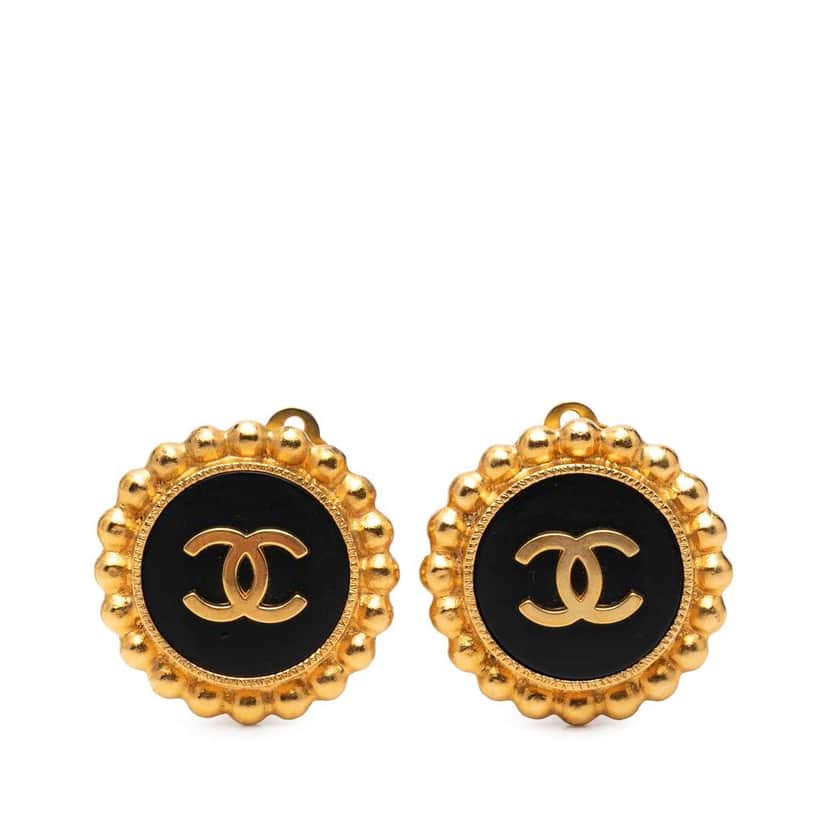 Chanel CC Gold Plated and Enamel Button Clip On Earrings Gold Metal Very good condition - Front View