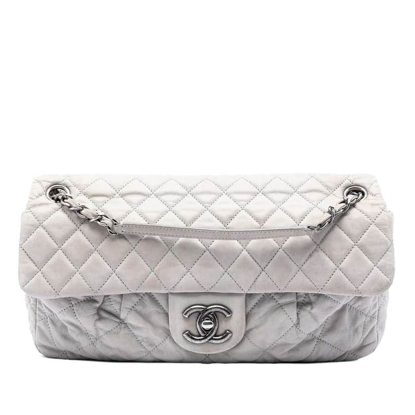 Chanel Large Quilted Iridescent Calfskin Coco Pleats Flap Grey Leather Very good condition - Front View