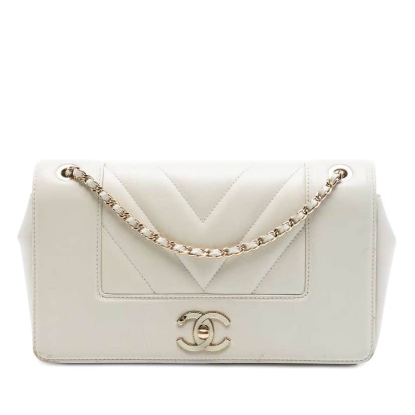 Chanel Medium Chevron Sheepskin Mademoiselle Vintage Flap White Leather Very good condition - Front View