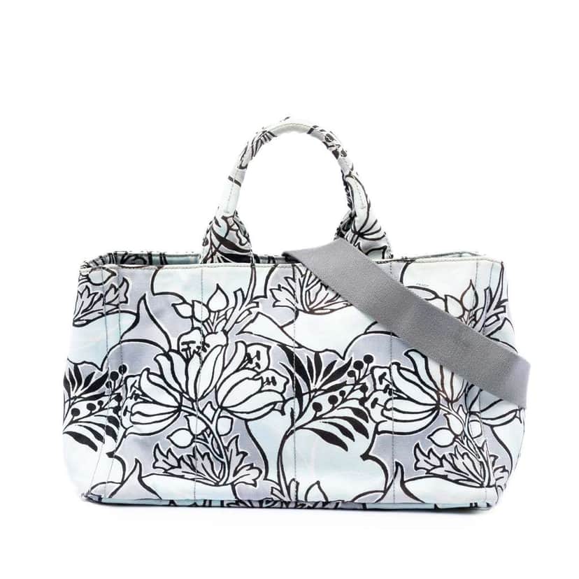 Prada Medium Floral Printed Canvas Canapa Satchel Blue Canvas Very good condition - Front View