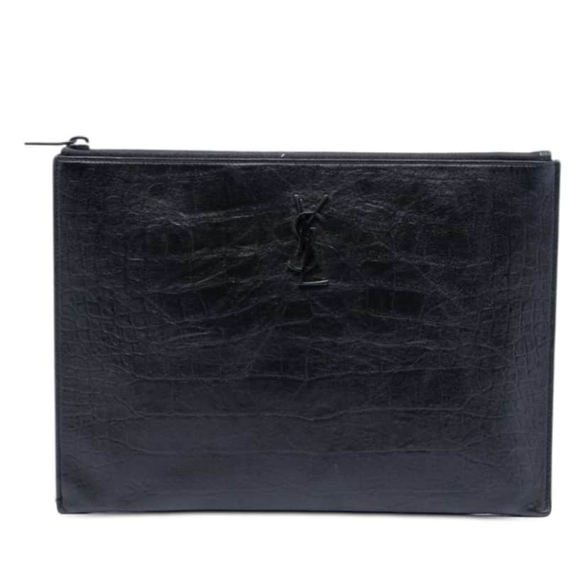 Saint Laurent Croc Embossed Leather Monogram Document Holder Black Leather Very good condition - Front View