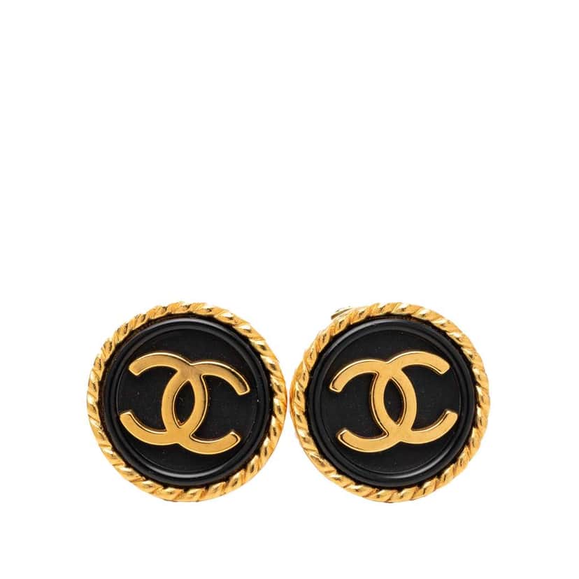 Chanel CC Gold Plated Resin Button Clip on Earrings Gold Metal Very good condition - Front View
