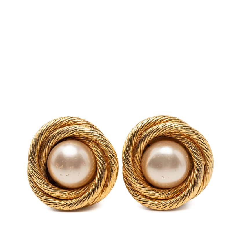 Chanel Gold Plated Faux Pearl Rope Twist Clip On Earrings Gold Metal Very good condition - Front View