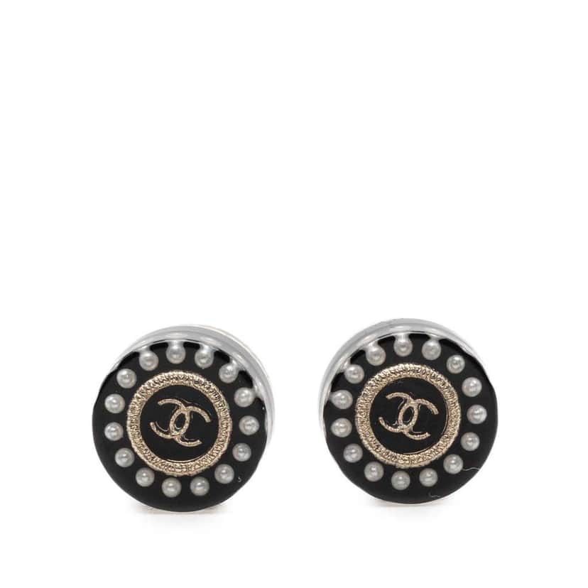 Chanel Resin Faux Pearl CC Round Push Back Earrings Black Very good condition - Front View