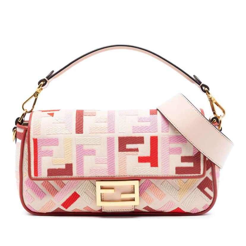 Fendi Zucca Embroidered Canvas Baguette Satchel Pink Canvas Very good condition - Front View